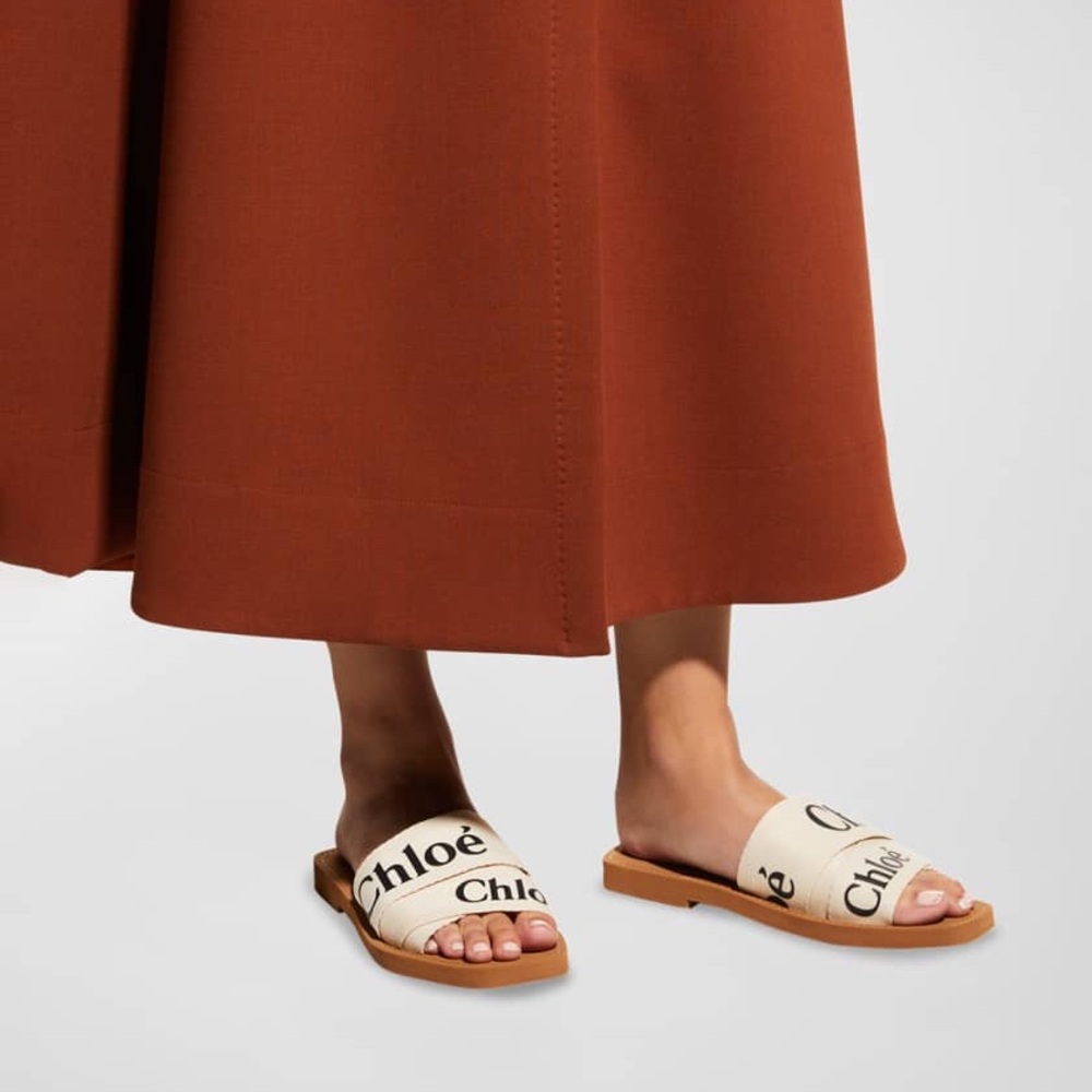Chloe Cream and Brown Canvas Slide Sandals